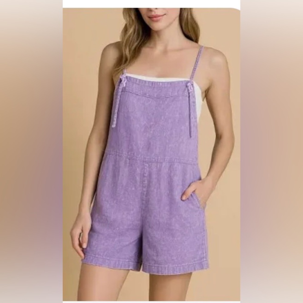 Zenana Women’s Washed Linen Knot Strap Rompers Linen Rayon Size S-L